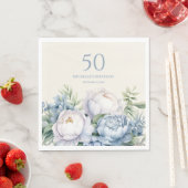Serviette En Papier Dusty Blue Blanc Floral 50e Anniversaire Nom (En situation)