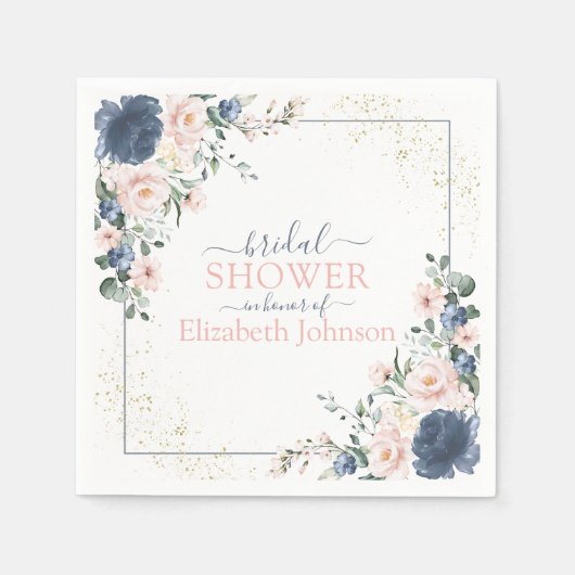 Serviette En Papier Dusty Blue Blush rose or Fête des mariées florale (Devant)