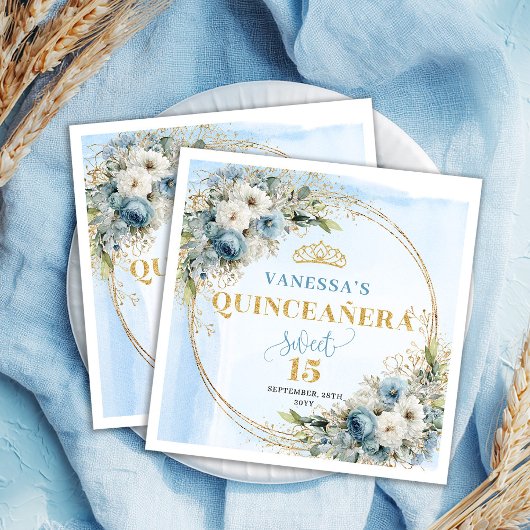 Serviette En Papier Dusty Blue Boho Greenery Gold Glitter Quinceañera 