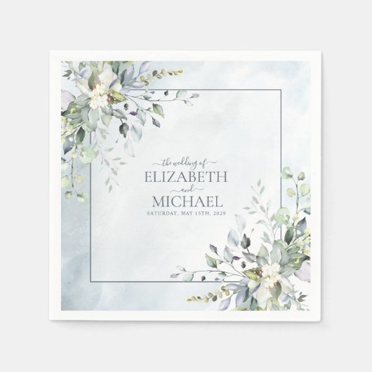 Serviette En Papier Dusty Blue Botanical Greenery Mariage d'aquarelle (Devant)