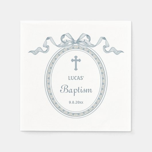 Serviette En Papier Dusty Blue Bow Cadre grec Baptême (Devant)
