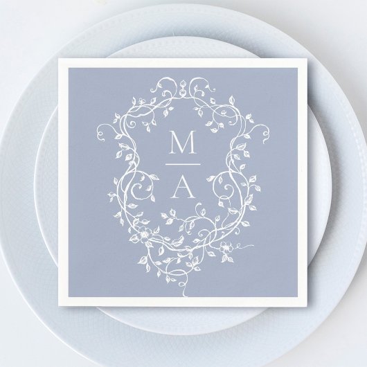 Serviette En Papier Dusty Blue Classic Floral Crest Monogram Mariage