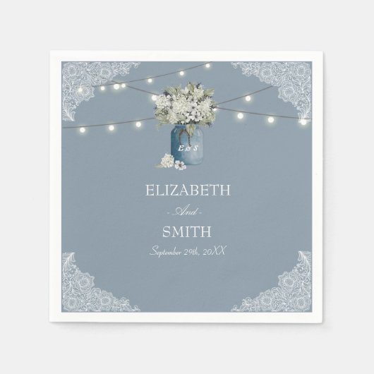 Serviette En Papier Dusty Blue Country Combiné Blanc Mariage dentelle (Devant)