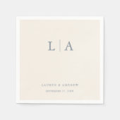 Serviette En Papier Dusty Blue & Cream Beige Monogramme Elégant Mariag (Devant)