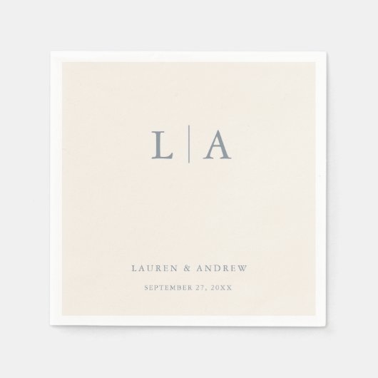 Serviette En Papier Dusty Blue & Cream Beige Monogramme Elégant Mariag (Devant)