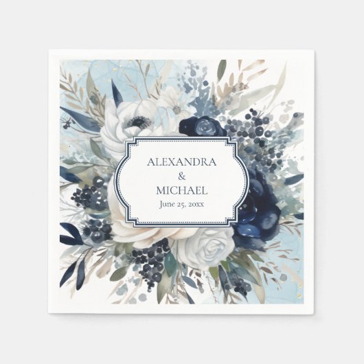 Serviette En Papier Dusty Blue et Navy Floral Mariage élégant (Devant)