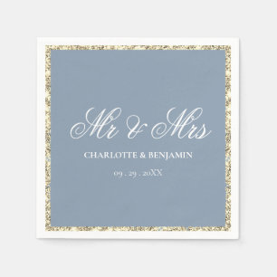Serviette En Papier Dusty Blue et Silver Border M & Mme Mariage