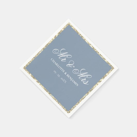 Serviette En Papier Dusty Blue et Silver Border M & Mme Mariage (Coin)