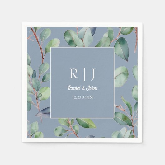 Serviette En Papier Dusty Blue Eucalyptus Monogram Mariage (Devant)