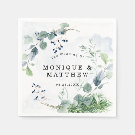 Serviette En Papier Dusty Blue Eucalyptus Vert Mariage rustique (Devant)