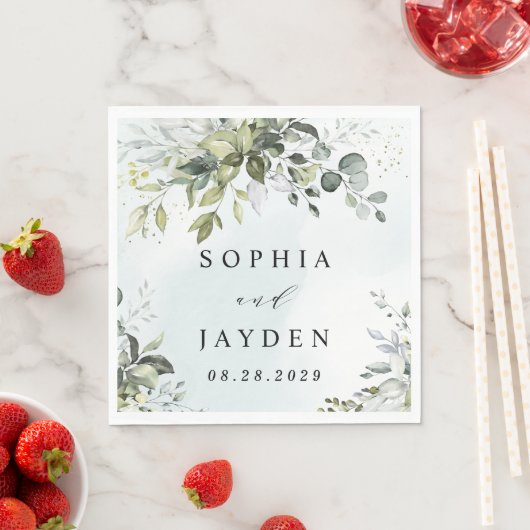 Serviette En Papier Dusty Blue Eucalyptus Vert Mariage Succulent (En situation)