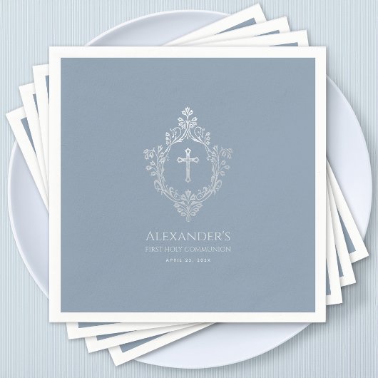 Serviette En Papier Dusty Blue First Communion Elegant Boy Crest Cross