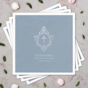 Serviette En Papier Dusty Blue First Communion Elegant Boy Crest Cross