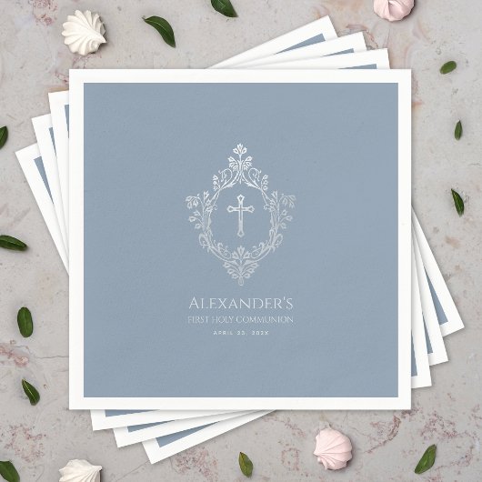 Serviette En Papier Dusty Blue First Communion Elegant Boy Crest Cross
