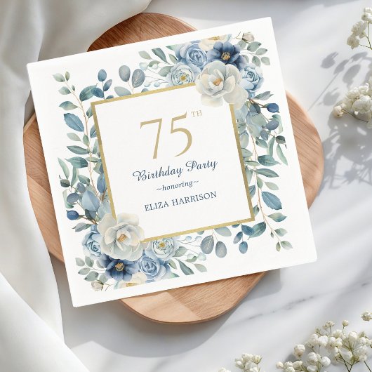 Serviette En Papier Dusty Blue Floral 75e anniversaire