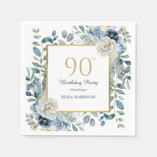 Serviette En Papier Dusty Blue Floral 90e anniversaire (Devant)