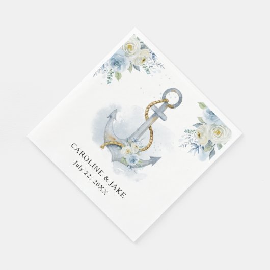 Serviette En Papier Dusty Blue Floral Ancre Mariage nautique (Coin)