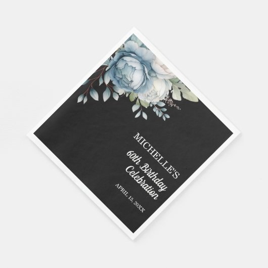Serviette En Papier Dusty Blue Floral Black 60e anniversaire (Coin)