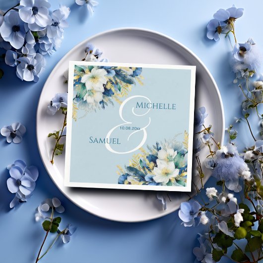 Serviette En Papier Dusty Blue Gold Parties scintillant Floral Mariage