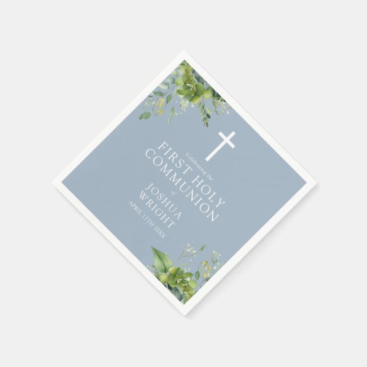 Serviette En Papier Dusty Blue Greenery Floral First Holy Communion (Coin)