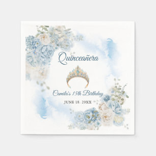 Serviette En Papier Dusty Blue Ivory Fleurs Roses Quinceanera Annivers