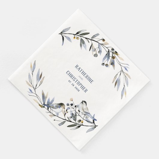 Serviette En Papier Dusty Blue Leaf Branch Berries & Birds Mariage (Coin)