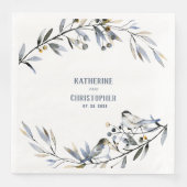 Serviette En Papier Dusty Blue Leaf Branch Berries & Birds Mariage (Devant)