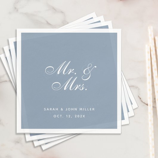 Serviette En Papier Dusty Blue Mariage M. et Mme White Calligraphy