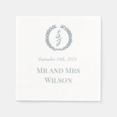 Serviette En Papier Dusty Blue Monogram Wreath White Dinner Cocktail (Devant)