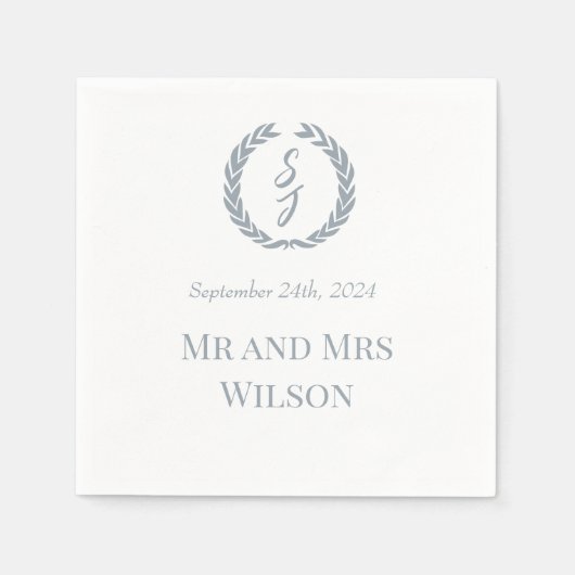 Serviette En Papier Dusty Blue Monogram Wreath White Dinner Cocktail (Devant)