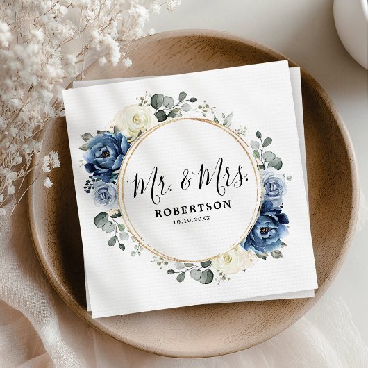 Serviette En Papier Dusty Blue Navy Champagne Ivory Floral Mariage