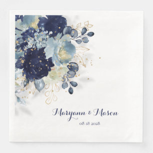 Serviette En Papier Dusty Blue Navy Peony & Eucalyptus Gold Floral