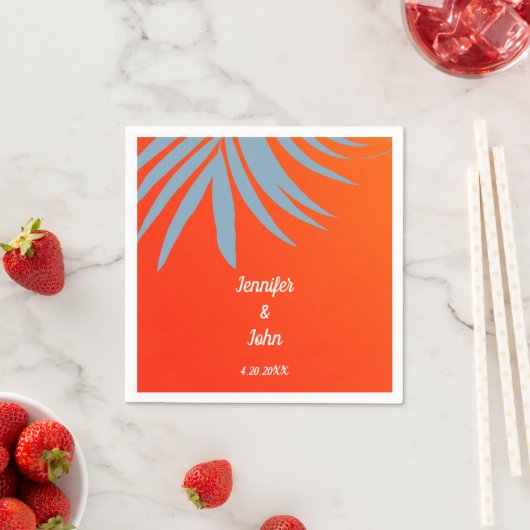Serviette En Papier Dusty Blue Palm Leaf Sunset Orange Beach Mariage (En situation)
