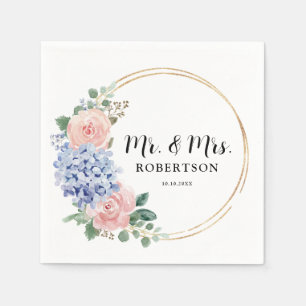 Serviette En Papier Dusty Blue Pastel Pink hydrangeas Floral Mariage