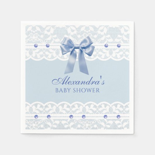 Serviette En Papier Dusty Blue Pearls Satin Bow Baby shower en dentell (Devant)