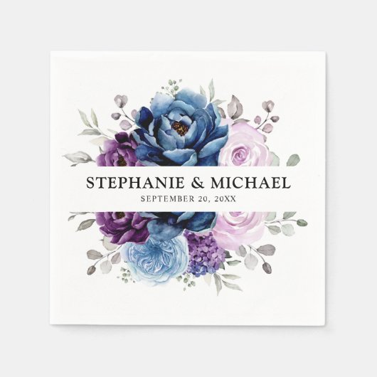 Serviette En Papier Dusty Blue Purple Navy Lilac Blooms Mariage (Devant)