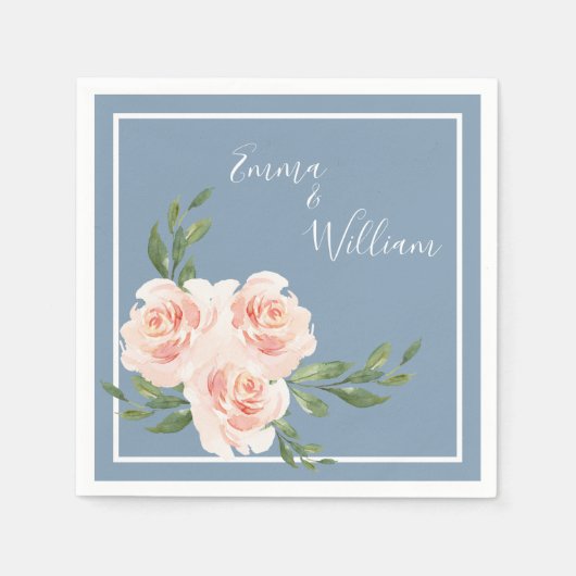 Serviette En Papier Dusty Blue Romantic Floral Mariage de script moder (Devant)