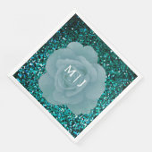 Serviette En Papier Dusty Blue Rose Glittery Monogramme Mariage élégan (Coin)
