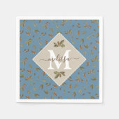 Serviette En Papier Dusty Blue Rustic Feuilles Brown Monogramme (Devant)