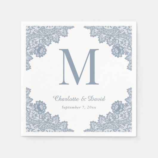 Serviette En Papier Dusty Blue Rustic Floral Dentelle Mariage (Devant)