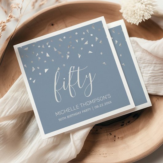 Serviette En Papier Dusty Blue Silver Confetti 50e fête d'anniversaire