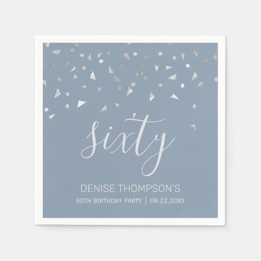 Serviette En Papier Dusty Blue Silver Confetti 60e fête d'anniversaire (Devant)