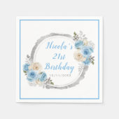 Serviette En Papier Dusty Blue Silver Fleurs élégantes fête d'annivers (Devant)