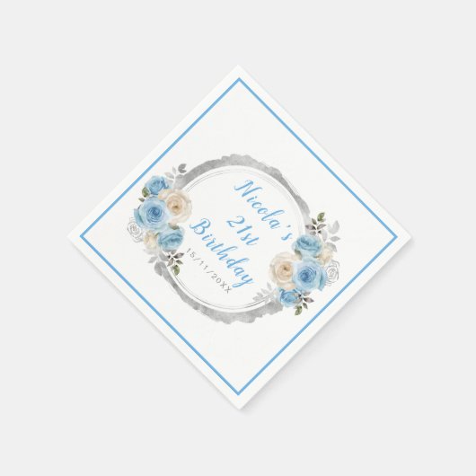 Serviette En Papier Dusty Blue Silver Fleurs élégantes fête d'annivers (Coin)