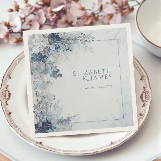 Serviette En Papier Dusty Blue Silver Rose hiver Floral Mariage