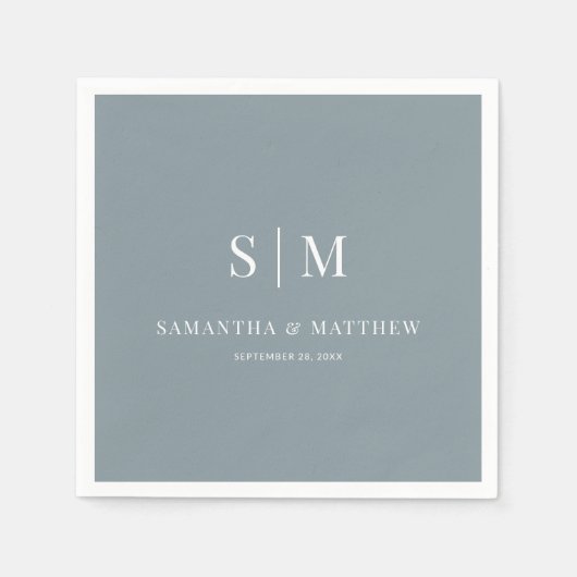 Serviette En Papier Dusty Blue Simple Elegant Couple Initiales Mariage (Devant)