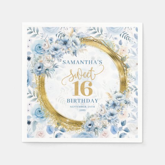 Serviette En Papier Dusty Blue Sweet 16 Gold Parties scintillant Party (Devant)