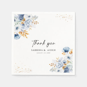 Serviette En Papier Dusty Blue White Gold Floral Mariage