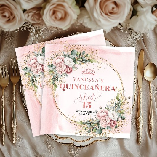 Serviette En Papier Dusty Pink Greenery Floral Sweet 15 Celebration