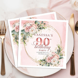 Serviette En Papier Dusty Pink Rose Gold Floral 90th Birthday Party  
